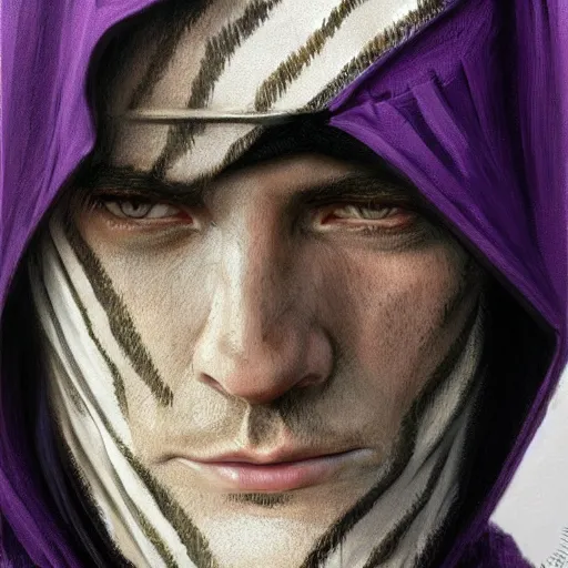 Image similar to ultra realistic illustration, man in a black hood, in a striped purple balaclava, mysterious, highly detailed, digital painting, artstation, concept art, smooth, sharp focus, illustration, art by artgerm and greg rutkowski and alphonse mucha