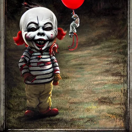 Prompt: grunge cartoon landscape painting of chucky with a wide smile and a red balloon by - michal karcz, loony toons style, pennywise style, horror theme, detailed, elegant, intricate