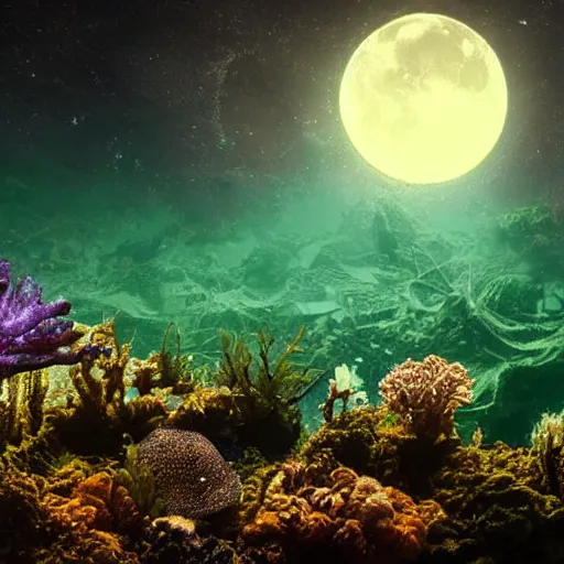 Image similar to Photograph of an underwater alien base, photorealistic, colorful, seaweed, moonlight, dark, smog,