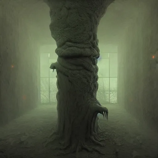 Image similar to scary creature in liminal space backrooms zdzislaw beksinski, cgsociety, unreal engine