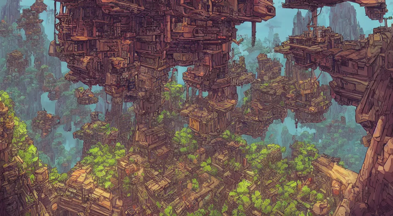 Image similar to open door wood wall fortress airship greeble block amazon jungle on portal unknow world ambiant fornite colorful that looks like it is from borderlands and by feng zhu and loish and laurie greasley, victo ngai, andreas rocha, john harris