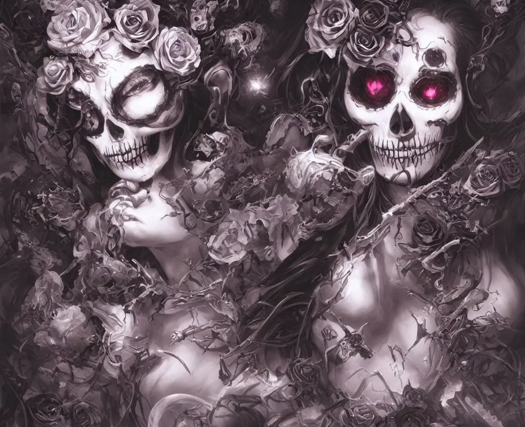 Image similar to a chaotic goddess of death skull black rose s day of the dead atmospheric, dramatic, concept art by a professional manga illustrator, Stanley Artgerm Lau, WLOP, Rossdraws, James Jean, Andrei Riabovitchev, Marc Simonetti, and Sakimichan hyperrealist, cinema4D, 8k highly detailed ❤️‍🔥 🔥 💀 🤖 🚀