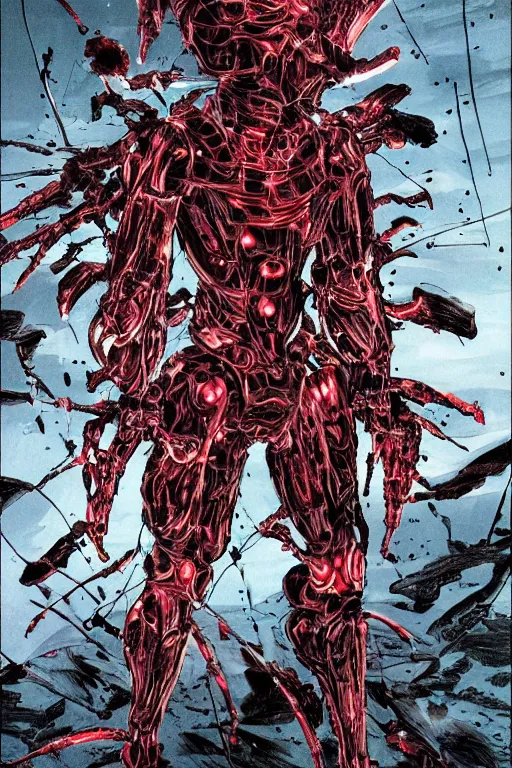 Image similar to powerful biomechanical soldier enhanced using a nanosuit with artificial muscles under the armor plating, at dusk, a color cover illustration by tsutomu nihei, tetsuo hara and katsuhiro otomo