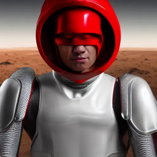 Image similar to headshot of a tall athletic muscular infantry man in glossy sleek white armor with tiny red details and a long red cape, heroic posture, strong jawline, on the surface of mars, night time, dramatic lighting, cinematic, sci-fi, hyperrealistic