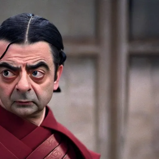 Prompt: an film still of rowan atkinson as samurai, cinematic, dramatic action