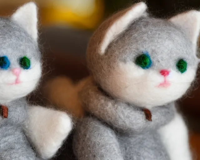 Prompt: two kitties made of wool close up dslr photo