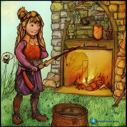 Image similar to the blacksmits’ daughter, working in the forge, fantasy art in the style of Elsa Beskow,