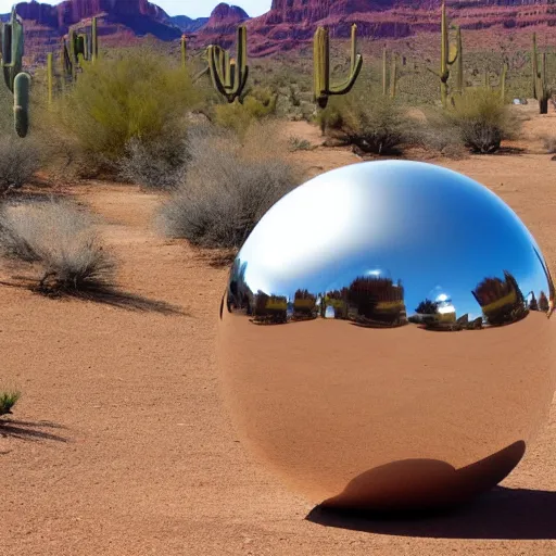 Image similar to a large metallic ball with a mirror finish sits in the arizona desert