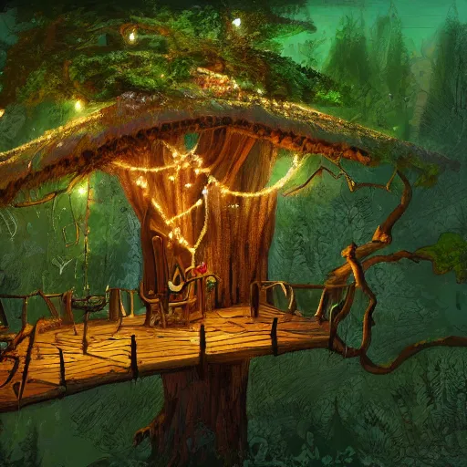 Image similar to detailed concept art of a cozy treehouse with fairy lights, in a redwood forest