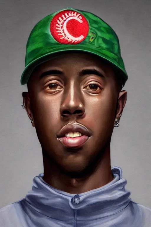 Prompt: photorealistic portrait of tyler the creator with baseball hat, staring directly into camera, intricate, elegant, glowing lights, highly detailed, digital painting, artstation, sharp focus, illustration, art by wlop, mars ravelo and greg rutkowski