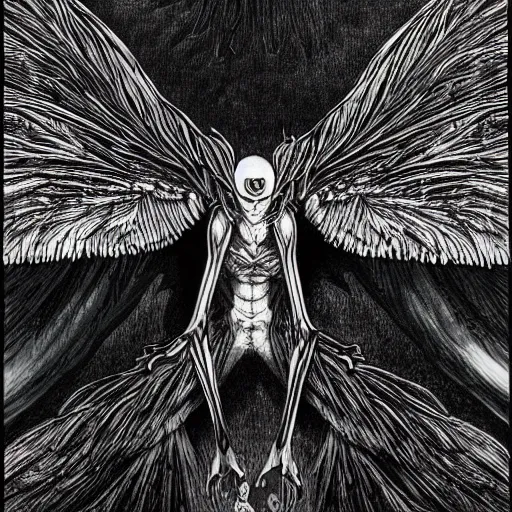 Prompt: 4K headshot of mothman with defined arms and open hands and bloody victims with giant wings , intricate face , flawless anime cel animation by Kentaro Miura,psychedelic , highly detailed upper body , professionally post-processed , beautiful, scary, symmetry accurate features, epic, octane rendered, anime masterpiece, accurate