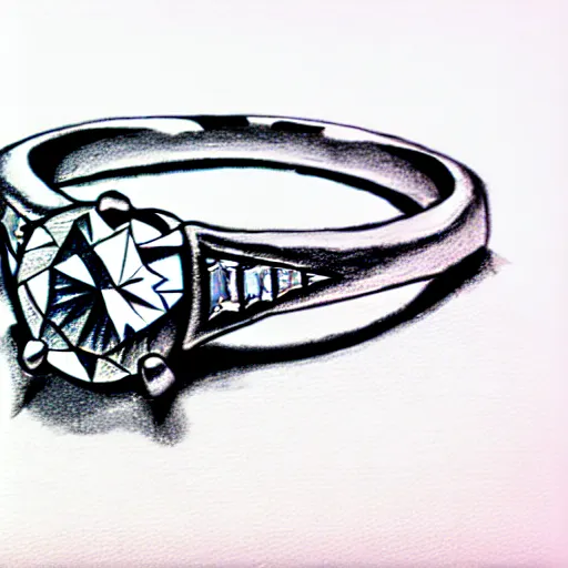 Image similar to graphite sketch of engagement ring with two smaller diamonds outside and one bigger diamond in the middle, realistic, hyper detailed, concept art, victorian, multiple angles