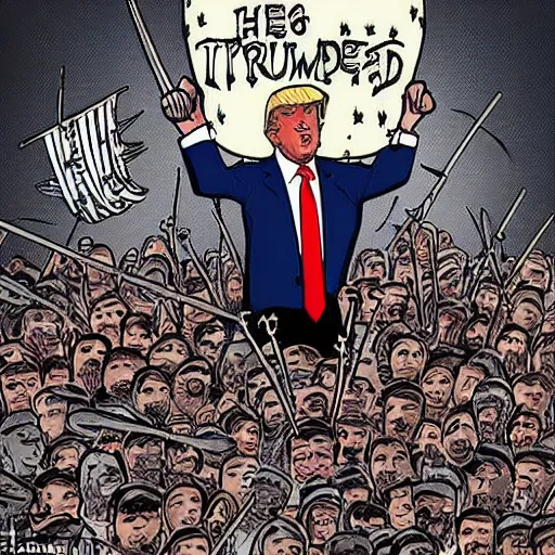 Prompt: political cartoon of trump hiding behind a shield made of hundreds of people who are getting pierced by arrows ( bloody )