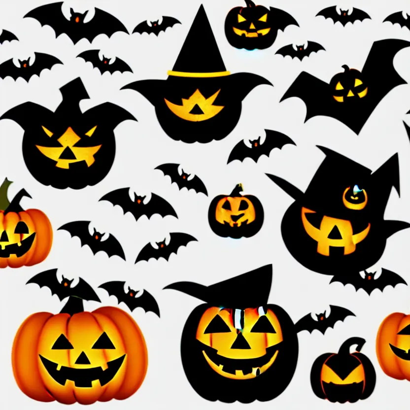 Prompt: extremely cute halloween 5 sticker set, adorable bat, witch, jacko lanterns, modern trendy clear background, 4 k,