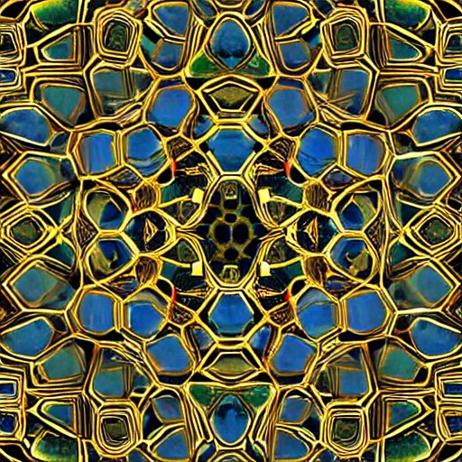 Prompt: twisting three dimensional multilayered pattern vortex inside a hexagonal shape, swirling, intricate detail, complex, jade, gold, silver, obsidian, ornate,