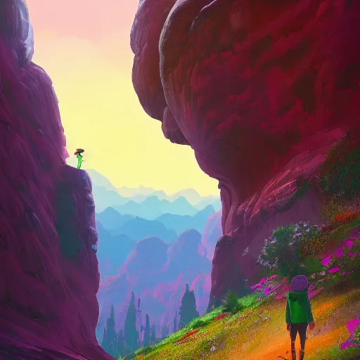 Image similar to giant carnation flower as a head, girl hiking in a canyon, surreal photography, sunrise, dramatic light, impressionist painting, colorful clouds, digital painting, artstation, simon stalenhag