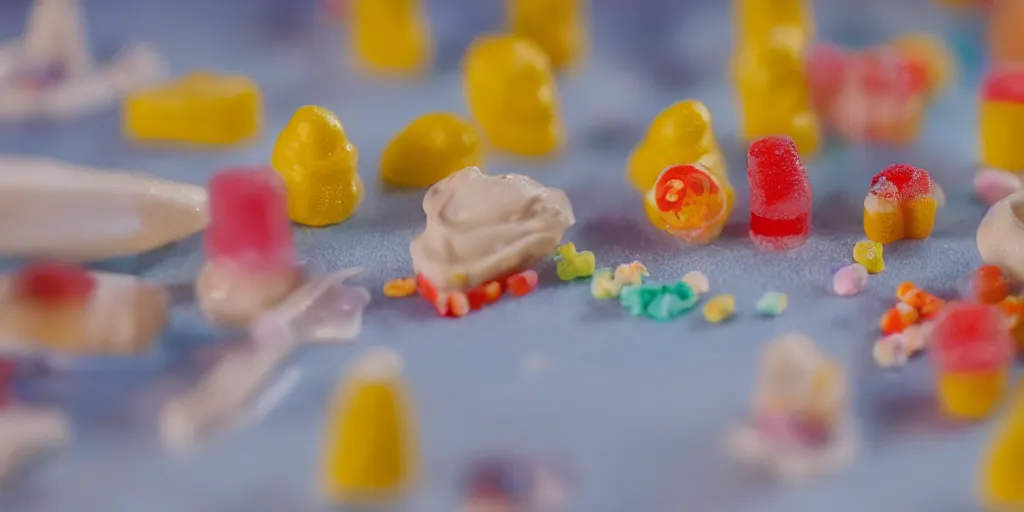 Image similar to a cinematic film still of a claymation stop motion film about a town made of lemons and candy, shallow depth of field, 8 0 mm, f 1. 8