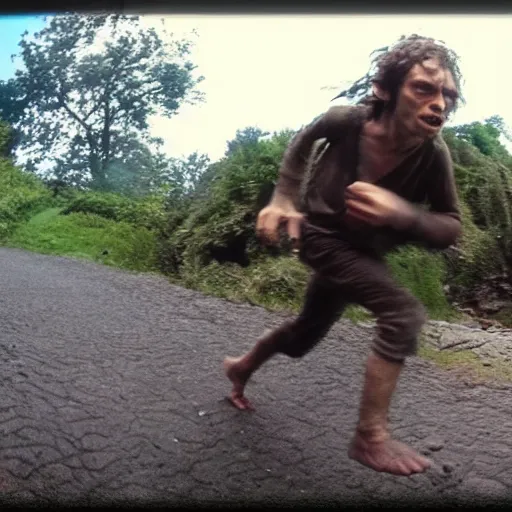 Prompt: Gollum running from frodo, action , go pro footage