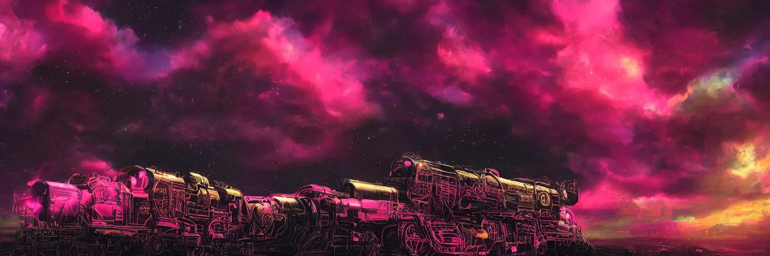 Prompt: hyperdetailed illustration, big punk face, big dog face, stars, dark, pink, big train in space, pirate neon ship, neon, oil painting, rich deep colors masterpiece, ultra detailed, contrast, heaven pink, clouds, volumetric light, atmospheric lighting, dramatic, cinematic, moody, octane render 4 k, 8 k