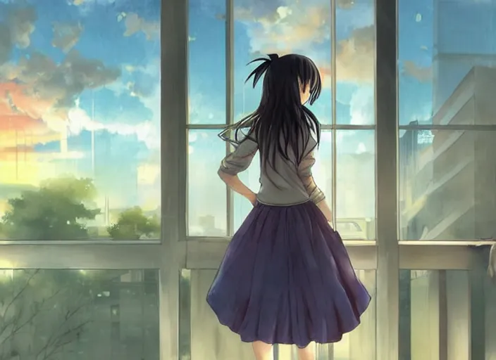 Image similar to anime girl in skirt looking out the window at megopolois and sunset, dynamic composition, motion, ultra-detailed, incredibly detailed, a lot of details, amazing fine details and brush strokes, colorful and grayish palette, smooth, HD semirealistic anime CG concept art digital painting, watercolor oil painting of Clean and detailed post-cyberpunk sci-fi close-up schoolgirl in asian city in style of cytus and deemo, blue flame, relaxing, calm and mysterious vibes,, by a Chinese artist at ArtStation, by Huang Guangjian, Fenghua Zhong, Ruan Jia, Xin Jin and Wei Chang. Realistic artwork of a Chinese videogame, gradients, gentle an harmonic grayish colors. set in half-life 2, Matrix, GITS, Blade Runner, Neotokyo Source, Syndicate(2012), dynamic composition, beautiful with eerie vibes, very inspirational, very stylish, with gradients, surrealistic, dystopia, postapocalyptic vibes, depth of field, mist, rich cinematic atmosphere, perfect digital art, mystical journey in strange world