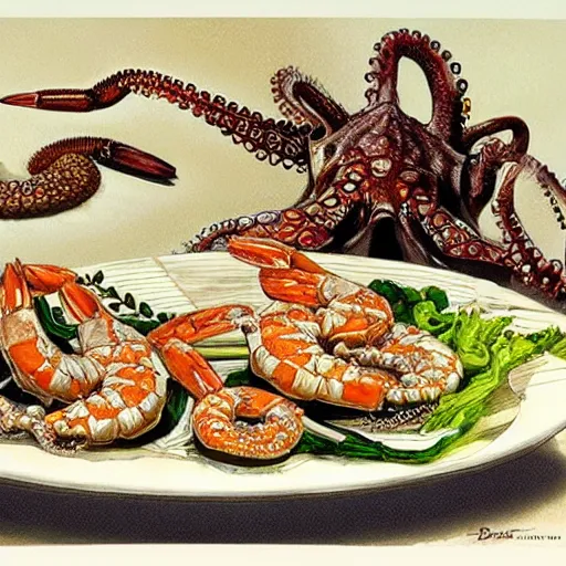 Prompt: a plate of steamed shrimp and octopus, by Bernie Wrightson