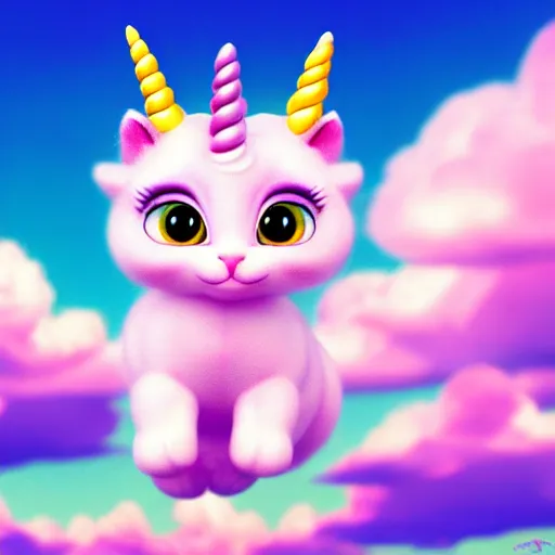 Image similar to very cute and tiny unicorn cat on Dahlia flower flying atop pink clouds, sky background, pixar style, cinematic lightning, award winning creature photography