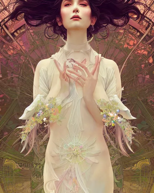 Prompt: Ethereal Floralpunk elysian Maiden of radiant light wearing ivory dress made of stardust masterpiece digital illustration by Ruan Jia and Ilya Kuvshinov, award winning, Artstation, art nouveau aesthetic, Alphonse Mucha background, intricate details, realistic, full view, Hyperdetailed, 8k resolution, Artstation, behance