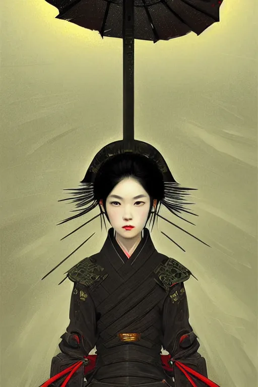 Prompt: portrait black hair samurai girl, armored samurai wardrobe, in fired honnoji temple rainy night, ssci - fi and fantasy, intricate and very very beautiful and elegant, highly detailed, digital painting, artstation, concept art, smooth and sharp focus, illustration, art by tian zi and wlop and alphonse mucha
