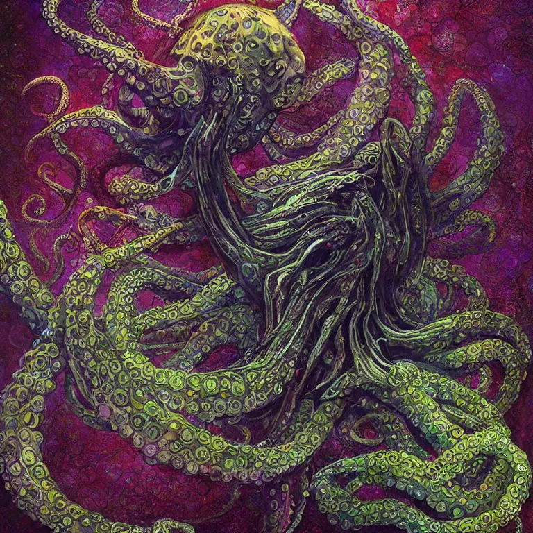 Image similar to depicting an octopus, in the style of h. p. lovecraft, exuberant organic elegant forms, by karol bak and filip hodas : : 1. 4 purple, red, blue, green, black intricate mandala explosions : : intuit art : : turbulent water backdrop : : damask wallpaper : : atmospheric