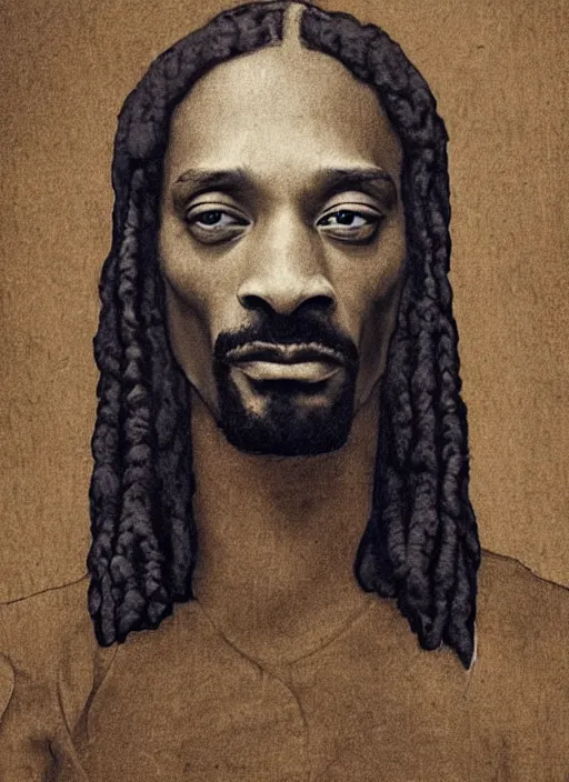 Image similar to a very high resolution image from a new movie, snoop dogg. drawn by leonardo da vinci. mountains, directed by wes anderson