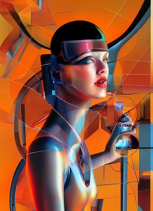 Image similar to futuristic lasers, data visualization, cyberpunk visor girl pinup, by steven meisel, james jean and rolf armstrong, geometric cubist acrylic and hyperrealism photorealistic airbrush painting with retro and neon colors