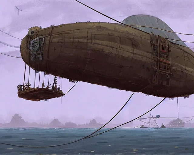 Image similar to Airship tied up to a floating dock, by Ian McQue