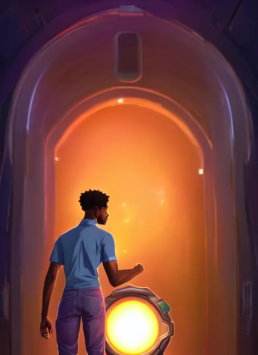 Image similar to handsome african - american engineer stepping through an electric portal, male and full body shot | hyperrealistic digital painting by makoto shinkai, ilya kuvshinov, lois van baarle, rossdraws | afrofuturism in the style of hearthstone and overwatch, trending on artstation | orange highlights and complimentary colors