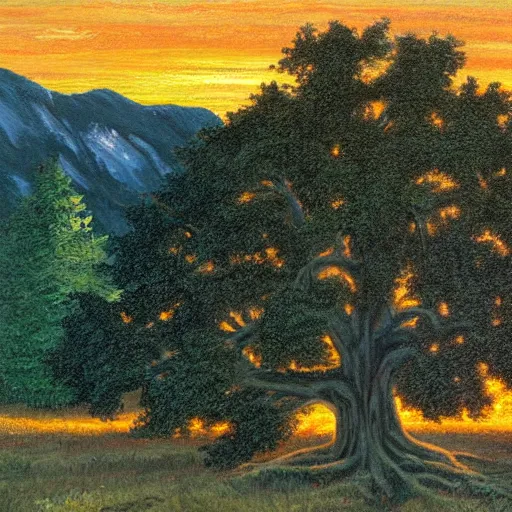 Prompt: a large-dead-oak atop a hill with a bright-sunset behind it by bob ross