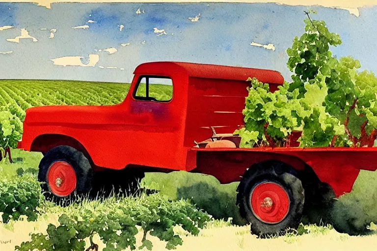 Image similar to watercolor painting of bbc a vintage red truck in a vineyard by winslow homer