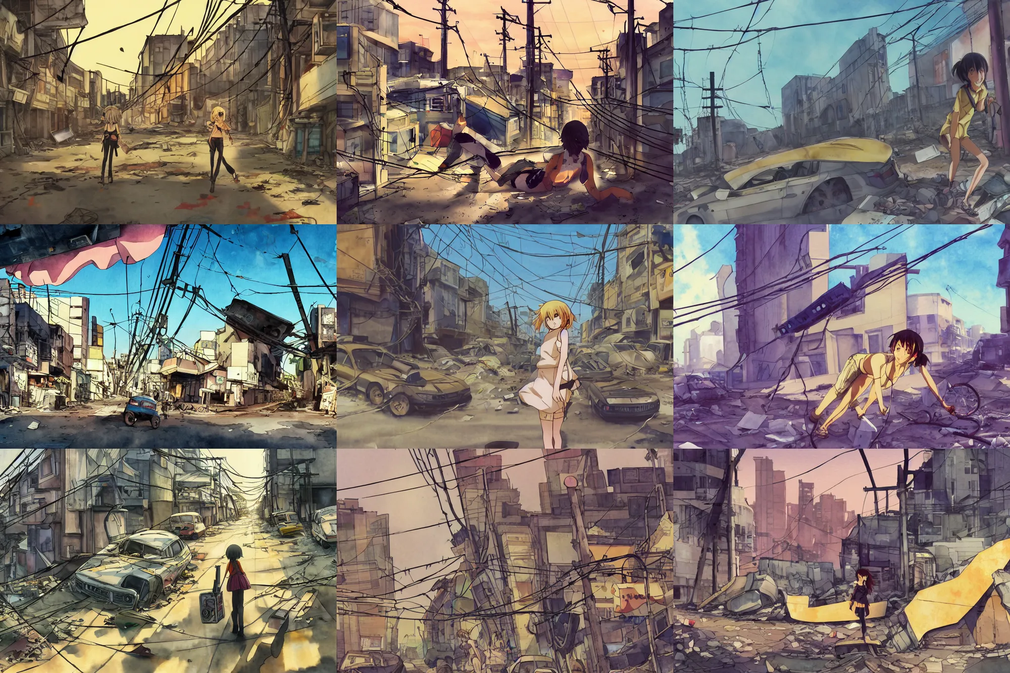 Prompt: anime movie screenshot, curvilinear, simple watercolor, harsh bloom lighting, rim light, abandoned city, drawn girl climbing a giant dead astronaut corpse crashed in deserted dusty shinjuku junk town, tangled overhead wires, telephone pole, old pawn shop, broken tv, harsh shadows, pale yellow sky, bold graffiti