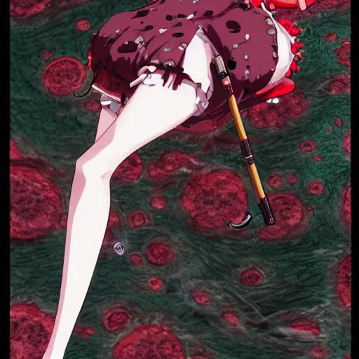 Image similar to red-eyed beautiful shoggoth anime girl smoking a cigarette deviantart by amano yoshitaka hyperreality hd danganronpa art detailed 8k by aramaki shinji, lovecraft, details, meat, blood