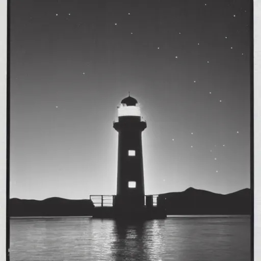 Image similar to 1985 photo of an alien lighthouse at night, surrounded by mosquitoes and evil