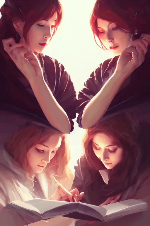 Image similar to portrait of two wise and very beautiful women scientists reviewing some texts, art by guweiz, intricate, elegant, highly detailed, smooth, sharp focus, artstation