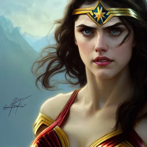 Prompt: Beautiful Alexandra Daddario as Wonder Woman, western, D&D, fantasy, intricate, elegant, highly detailed, digital painting, artstation, concept art, matte, sharp focus, illustration, art by Artgerm and Greg Rutkowski and Alphonse Mucha