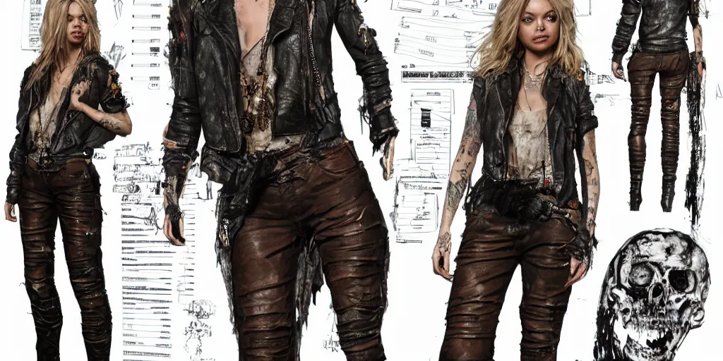 Image similar to samara weaving as a wanderer with tattooed arms and legs wearing a scratched leather and ripped aviator leather jeans, wearing a short black jacket with rusty medals on it, character sheet, head details, props, concept design, contrast, kim jung gi, greg rutkowski, trending on artstation, full body, turnaround, ultra wide angle, pincushion lens effect