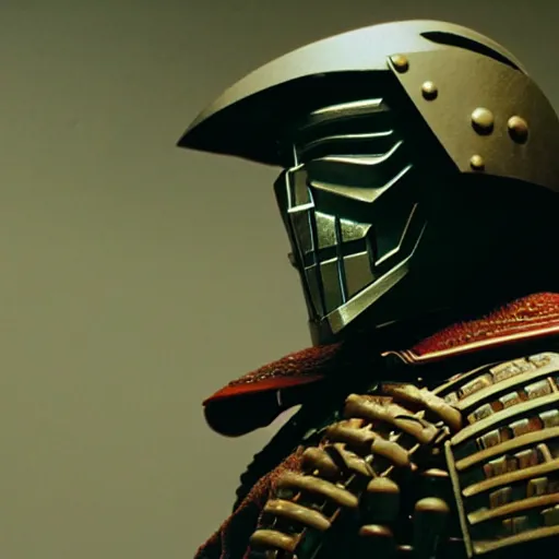 Image similar to cinematic film still MF Doom starring as a Samurai holding fire, Japanese CGI, VFX, 2003, 40mm lens, shallow depth of field,film photography