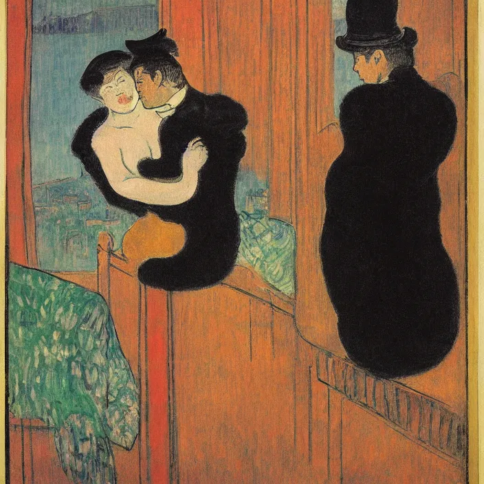 Prompt: couple under a baldachin with city seen from a window frame. fuzzy black cat. henri de toulouse - lautrec, utamaro, matisse, monet, rene magritte