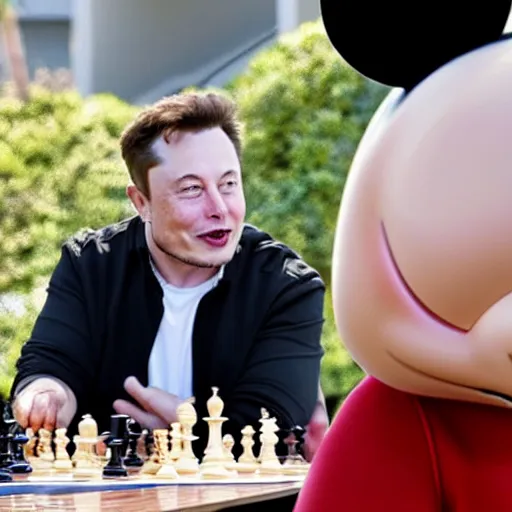 Prompt: elon musk playing chess with mickey mouse