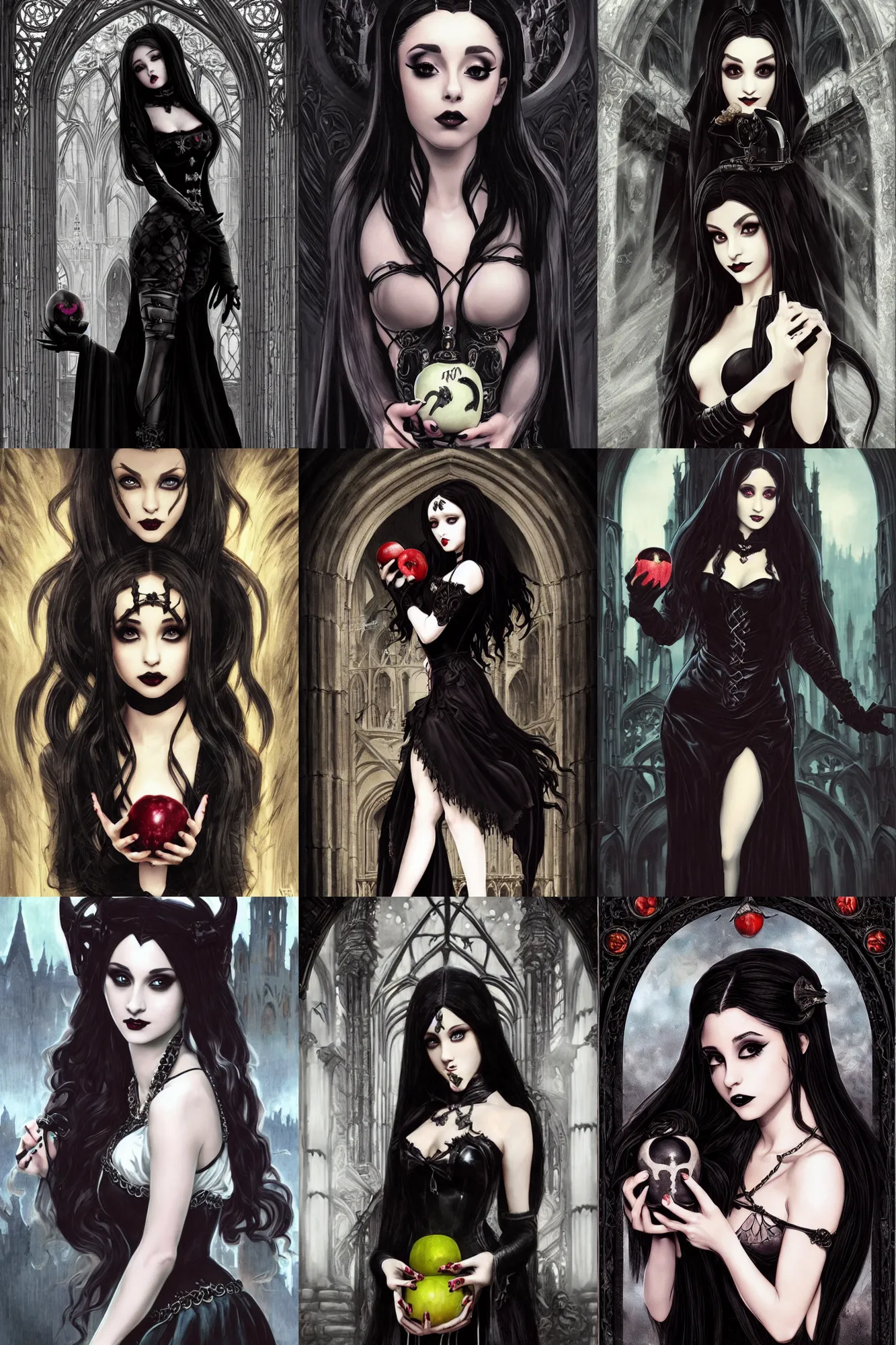 Prompt: beautiful gothic Ariana Grande as a Vampire from Castlevania holding a Poison Apple, Black Hair, gothic Cathedral, ornate architecture, black dress, intricate, elegant, highly detailed, digital painting, artstation, concept art, smooth, sharp, focus, illustration, art by artgerm and greg rutkowski and alphonse mucha