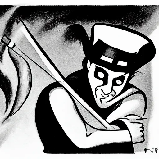 Prompt: black and white cartoon of El Zorro1930's, old television