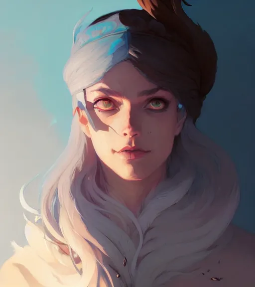 Prompt: portrait of beautiful mage, feathers, by atey ghailan, by greg rutkowski, by greg tocchini, by james gilleard, by joe fenton, by kaethe butcher, dynamic lighting, gradient light blue, brown, blonde cream and white color scheme, grunge aesthetic