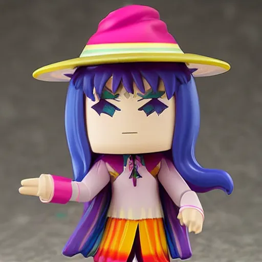 Image similar to a wizard with a rainbow multicolored wizard hat vinyl figure, nendroid