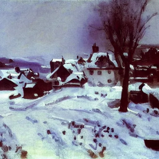 Image similar to A painting of a village during a snow storm, John Singer Sargent