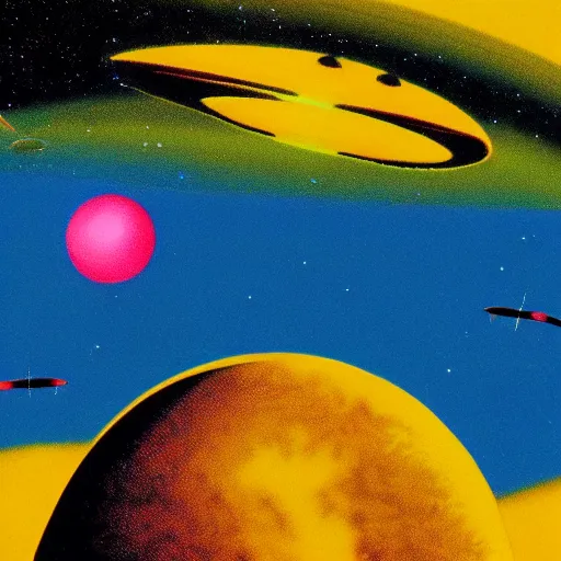 Prompt: a nasa spaceship entering the atmosphere of a planet, 1 9 7 0 s illustration, saturated colors